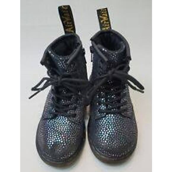 DR. MARTENS Kids Suede Lace Up Combat Boots Black Iridescent Dots 1460 J Sz 2 - Picture 2 of 7